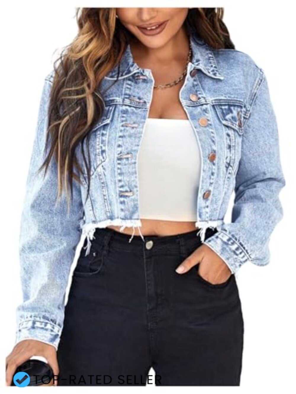 Cropped Denim Jacket Raw Hem Long Sleeve Button Down Flap Pockets